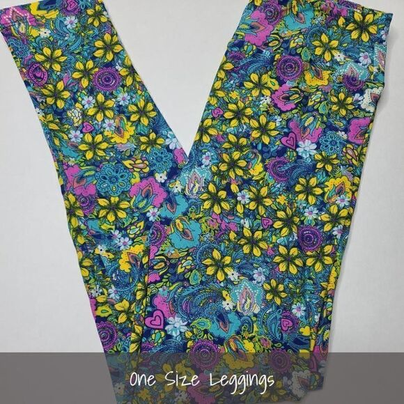 LuLaRoe OS Leggings Floral Pink Blue Yellow NEW - Picture 1 of 1